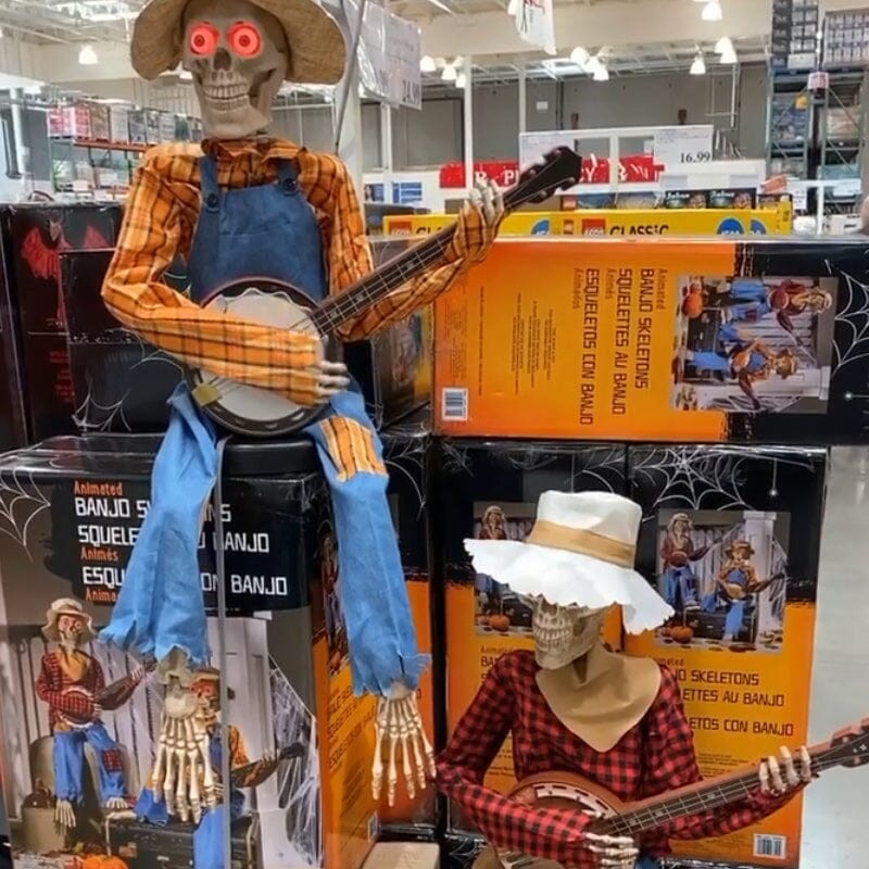 Décor Squelette Halloween Jouant Du Banjo - Articulations Articulées, Yeux Lumineux, Musique - Pour Extérieur (jardin, Allée)